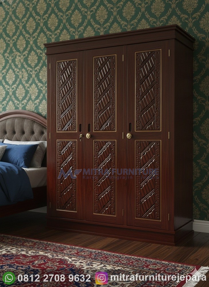 Lemari Pakaian Kawung Modern 3 Pintu Ukir