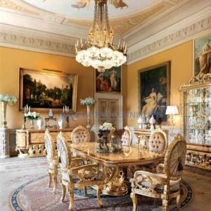 Meja Makan Mewah Retro Vintage Finishing Glossy Gold