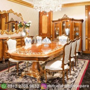 Meja Makan Mewah Ukiran Jepara 6 Kursi Natural Pearl