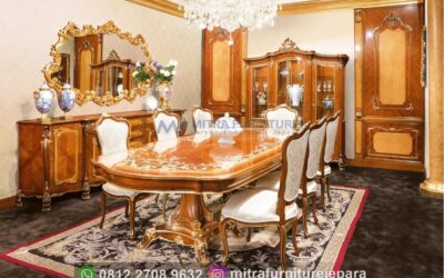 Meja Makan Mewah Ukiran Jepara 6 Kursi Natural Pearl